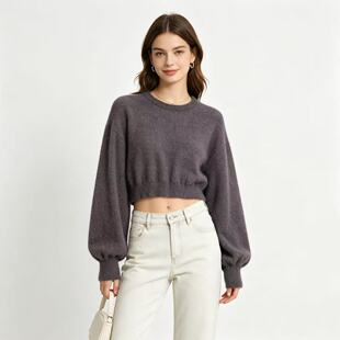 Q2684外贸日单短款毛衣女新款圆领灯笼袖软糯毛绒高腰套头针织衫