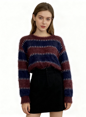 N4936任3件包邮外贸欧美女士毛衣新款圆领拼色马海毛休闲针织衫