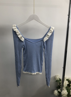 V3128任3件包邮外贸日单甜美女生一字肩领针织衫新款减龄修身上衣