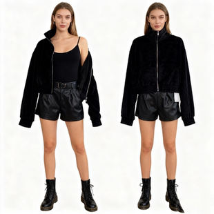 H5889外贸日单女士金丝绒外套新款翻领拉链宽松休闲短款上衣