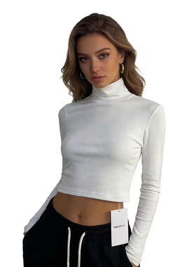 D5201外贸欧美女士高领打底衫新款套头纯色弹力修身百搭短款上衣