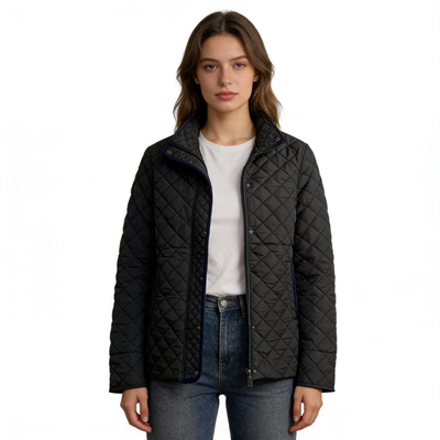 K5596外贸日单女士休闲绗缝薄款棉衣新款立领拼色菱形格修身棉服