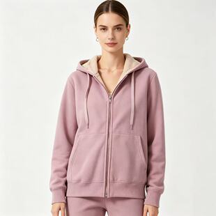 U0158外贸日单加绒连帽拉链卫衣女加厚内里宽松开衫外套可外穿