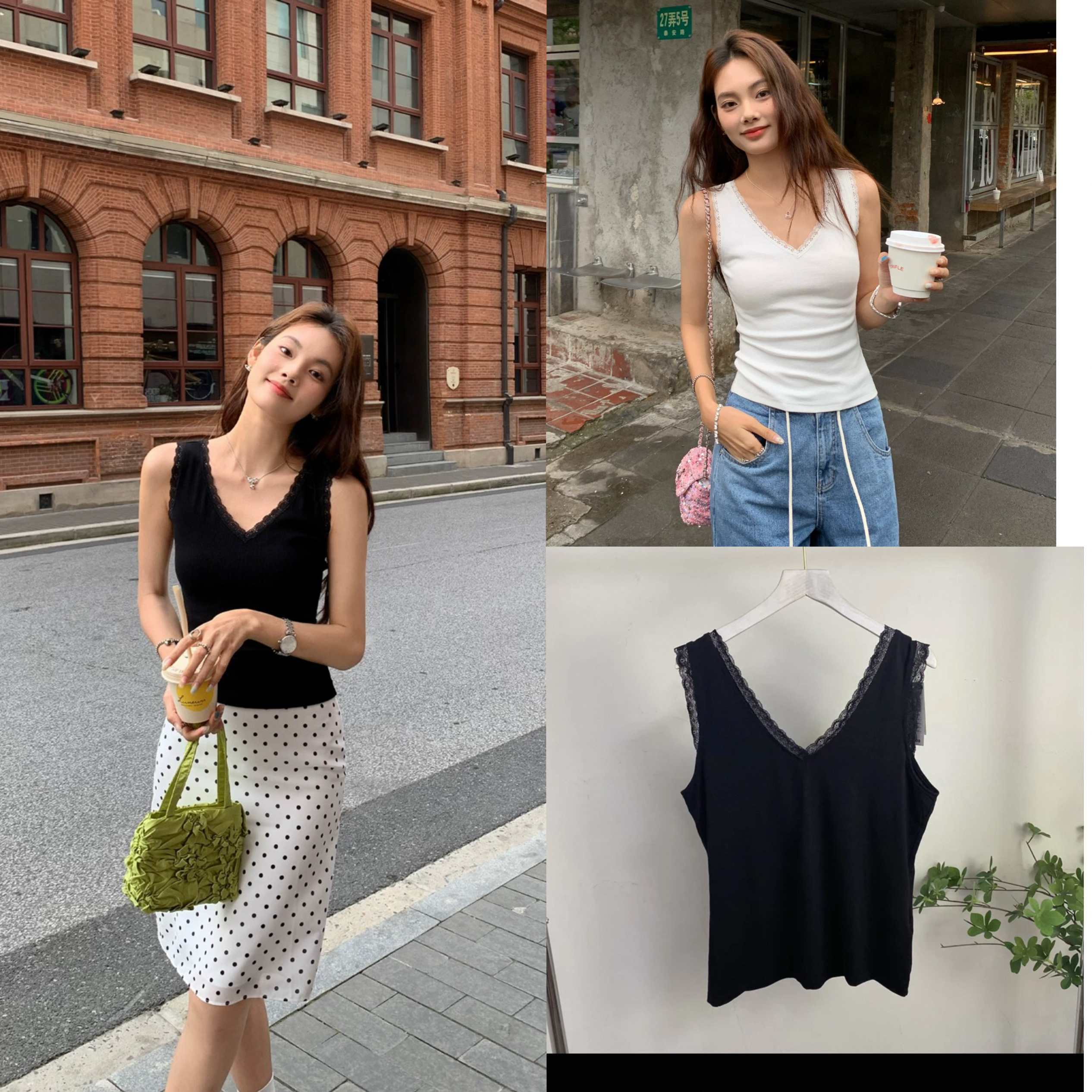 CC656任3件包邮外贸欧美单女士背心新款前后V领蕾丝花边修身上衣