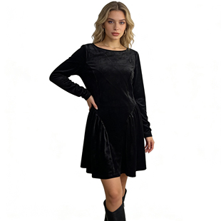 H5928外贸欧美单女士金丝绒连衣裙新款 显瘦百搭中长裙 圆领修身