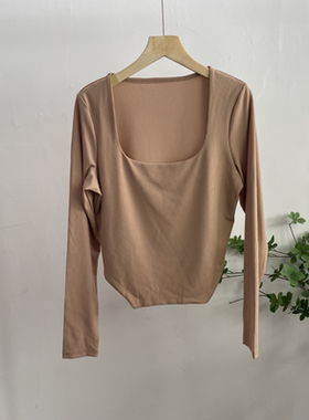 A7658任3件包邮外贸欧美女方领套头长袖T恤秋季新款修身百搭上衣