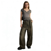 长裤 高腰宽松显瘦印染色直筒阔腿裤 新款 B1366外贸日单女士牛仔裤