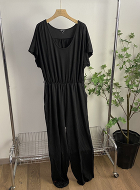 M567任3件包邮外贸欧美女士连体裤圆领短袖收腰纯色宽松束脚长裤