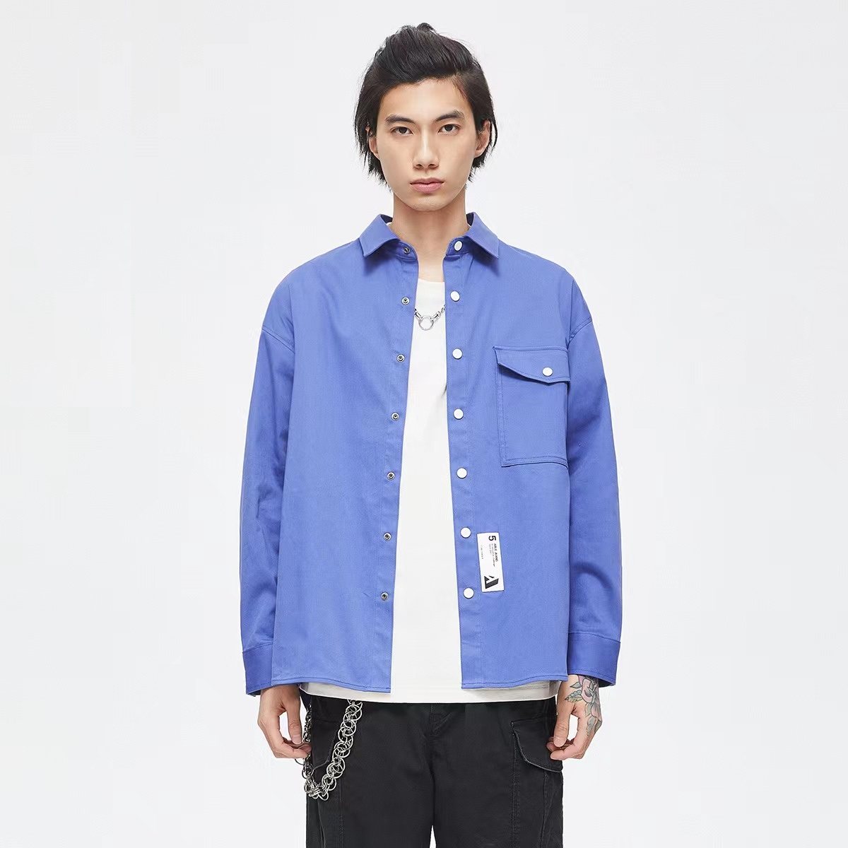 able jeans男士衬衫新品立体工装时尚蓝宽松口袋休闲长袖衬衣外套