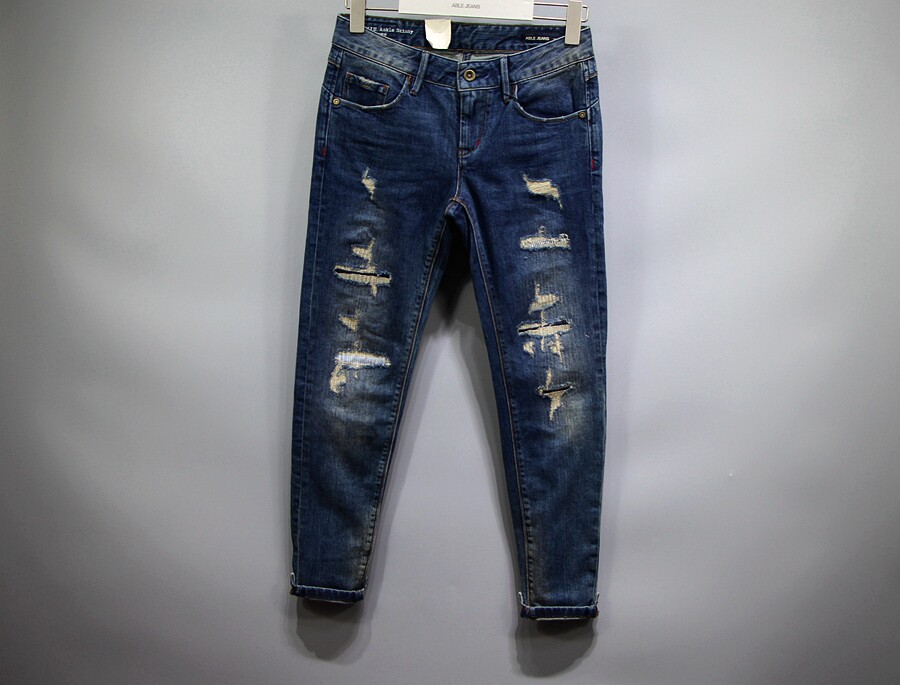 ABLE JEANS春秋新款牛仔裤女小个子高腰显瘦九分破洞女直筒小脚裤