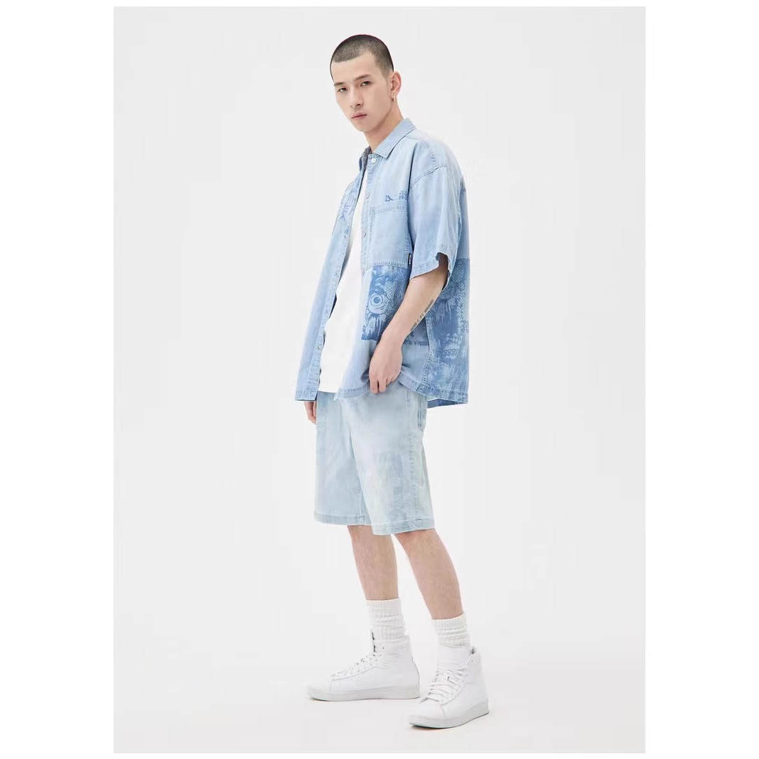 ABLE JEANS男士牛仔短裤夏季新品立体松紧腰拔印薄型休闲五分中裤