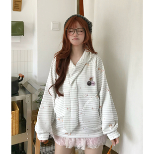 条纹连帽卫衣女宽松设计感2025新款 TUDOU土豆猫原创美式 早秋上衣