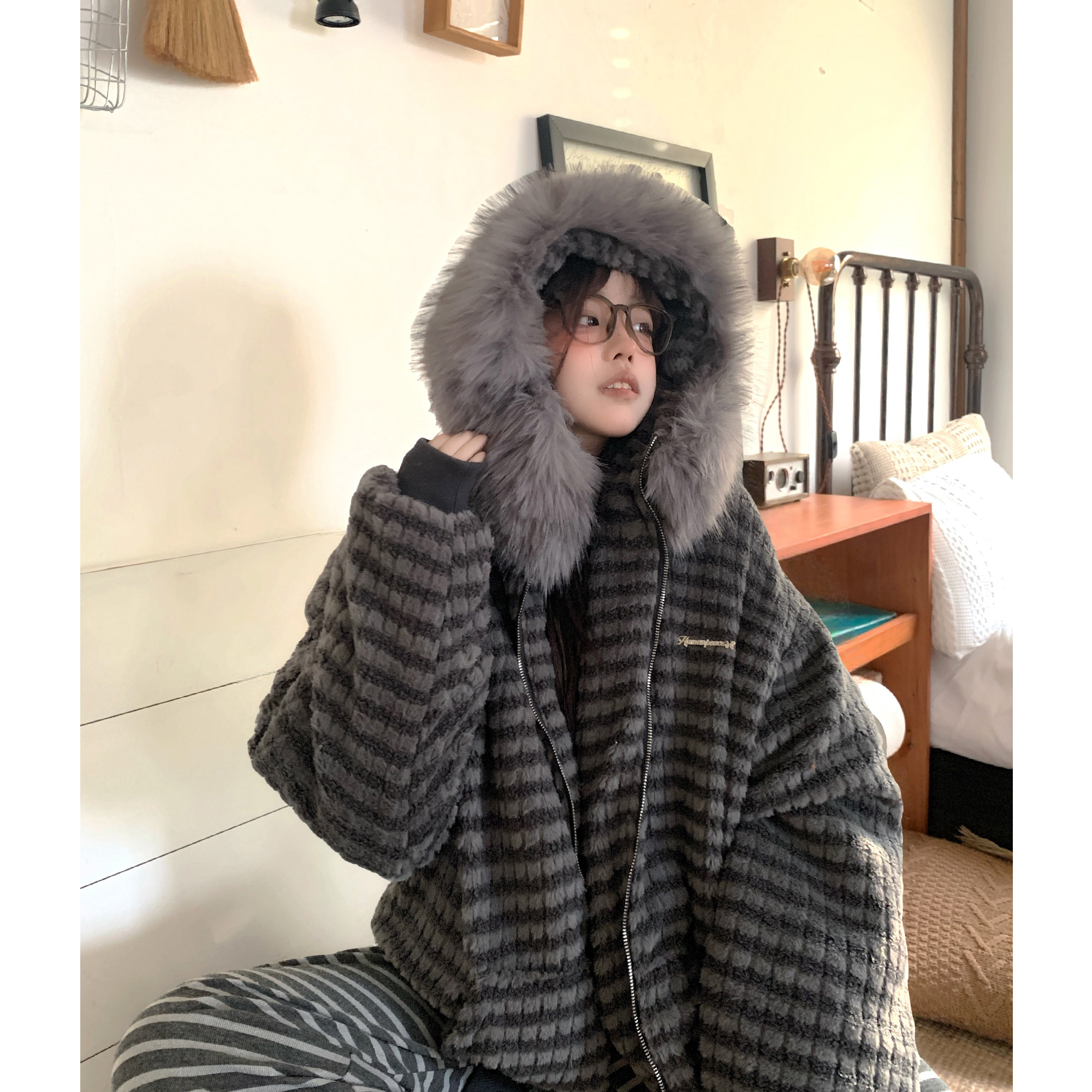 TUDOU土豆猫韩系条纹毛领加绒羊羔毛外套女宽松2025新款冬季棉衣,女装/女士精品,短外套,淘宝优惠券,粉丝福利购,淘宝优惠卷