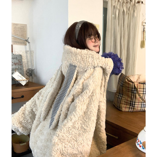 可爱兔耳朵羊羔毛加绒棉衣外套女