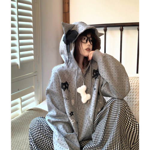 波点猫耳连帽卫衣开衫外套女宽松