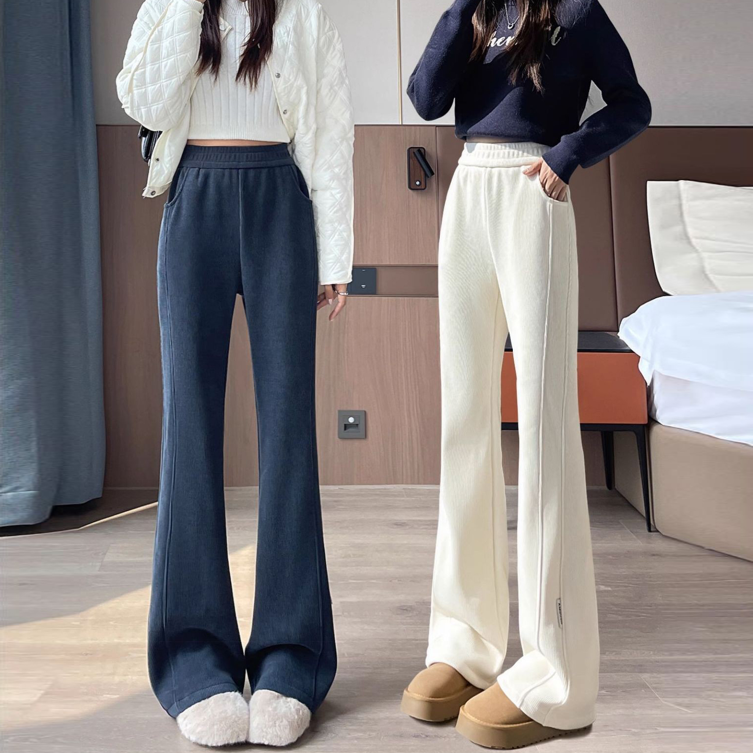 时尚百搭雪尼尔微喇裤子女