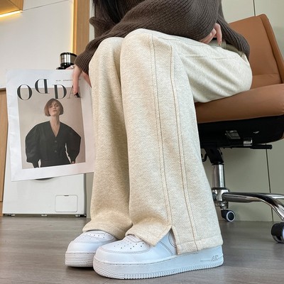 人字纹毛呢开叉香蕉阔腿裤女秋冬