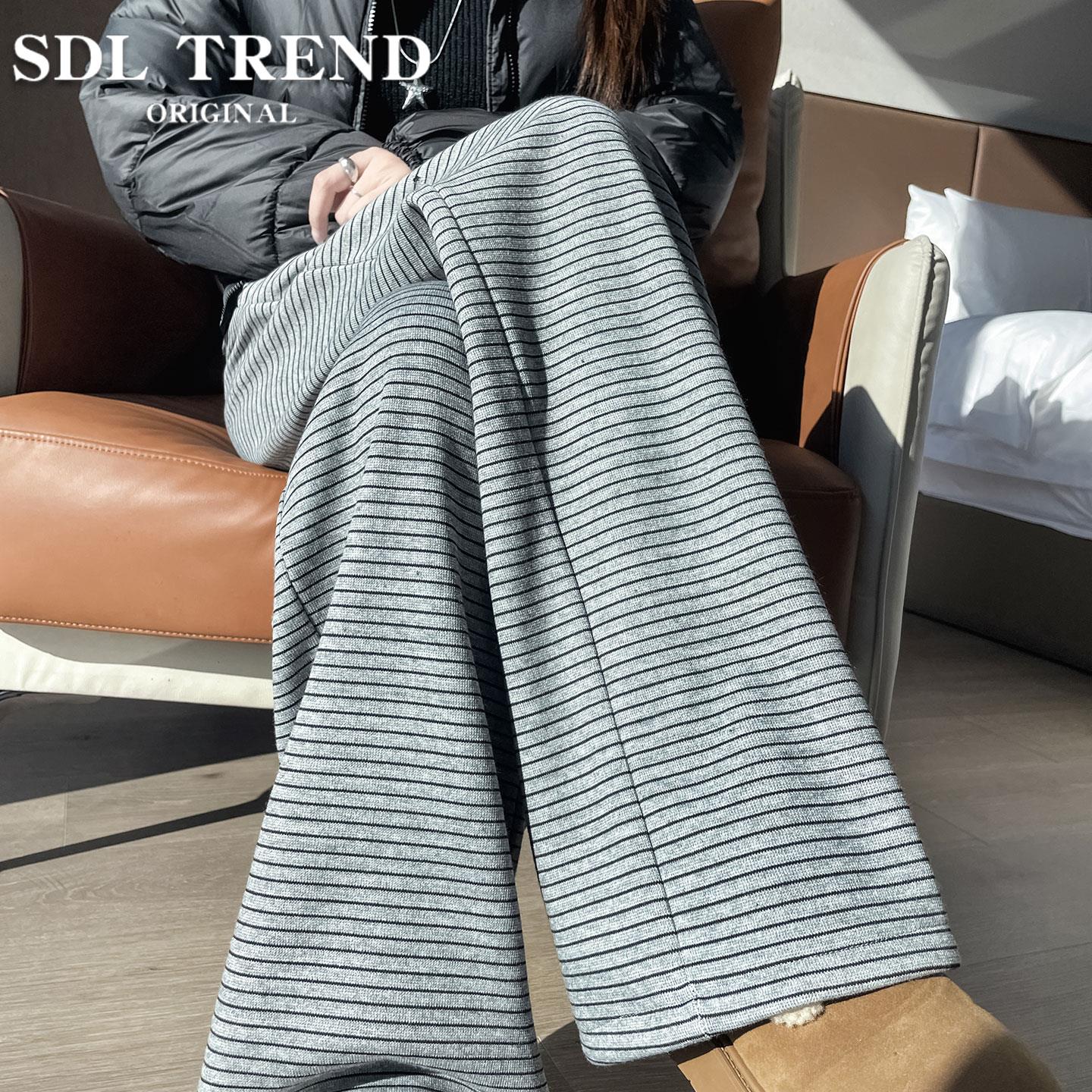 条纹加绒阔腿休闲裤女秋