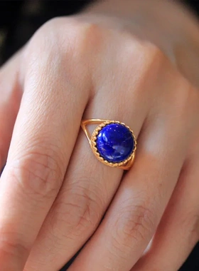 s925通体纯银镀金镶嵌天然原矿青金石戒指活口高级简约设计款女戒