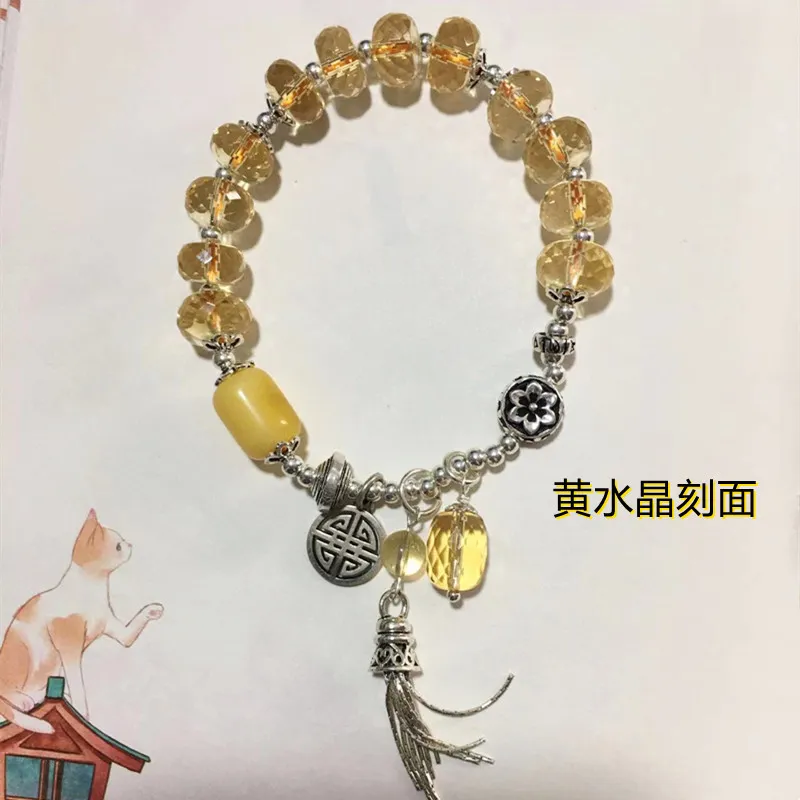 上新女黄水晶刻面水晶手链s95银饰复古黄水晶手链配蜜蜡路路通饰
