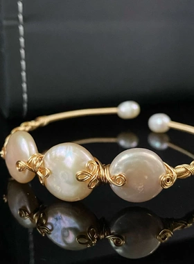 天然淡水珍珠手镯三颗珍珠绕线手工镶嵌手镯可批