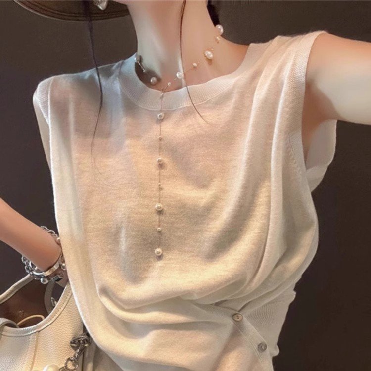 冰丝针织无袖t恤女夏季薄款设计感小众小香风不规则短款背心外穿