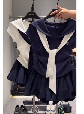 韩系一整套海军领休闲运动服套装女夏季假两件披肩+短裙两件套ins
