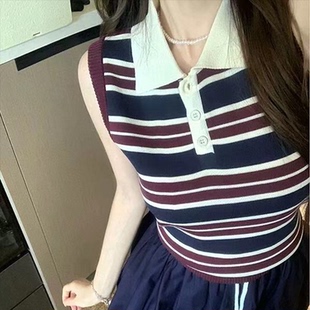 时尚 复古撞色条纹polo领针织衫 女修身 上衣潮 百搭无袖 新款 夏季 美式