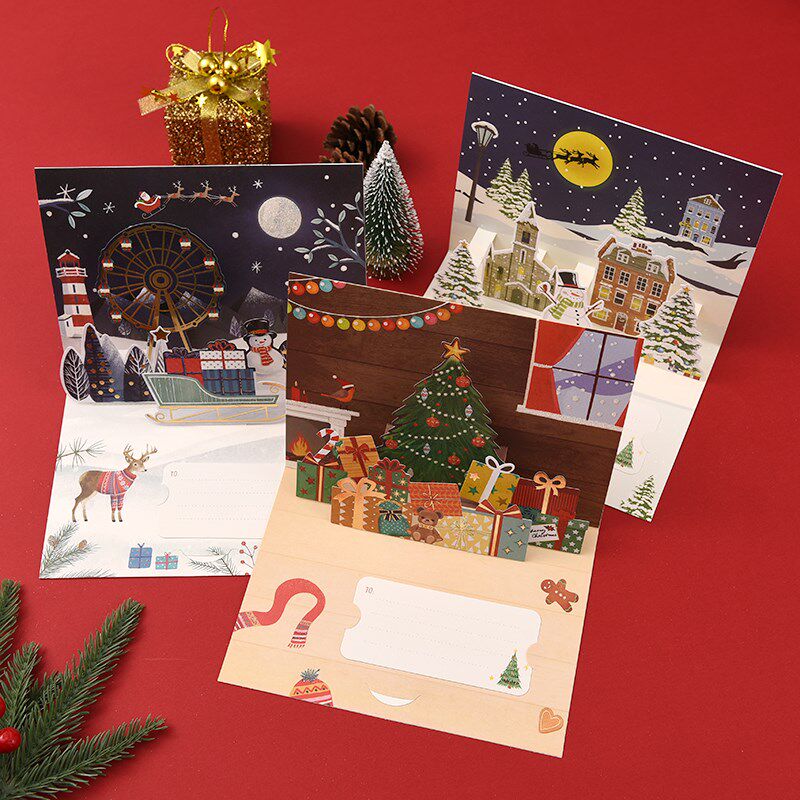 新款3d圣诞节立体礼物贺卡创意简约手写感谢祝福礼品卡送信封