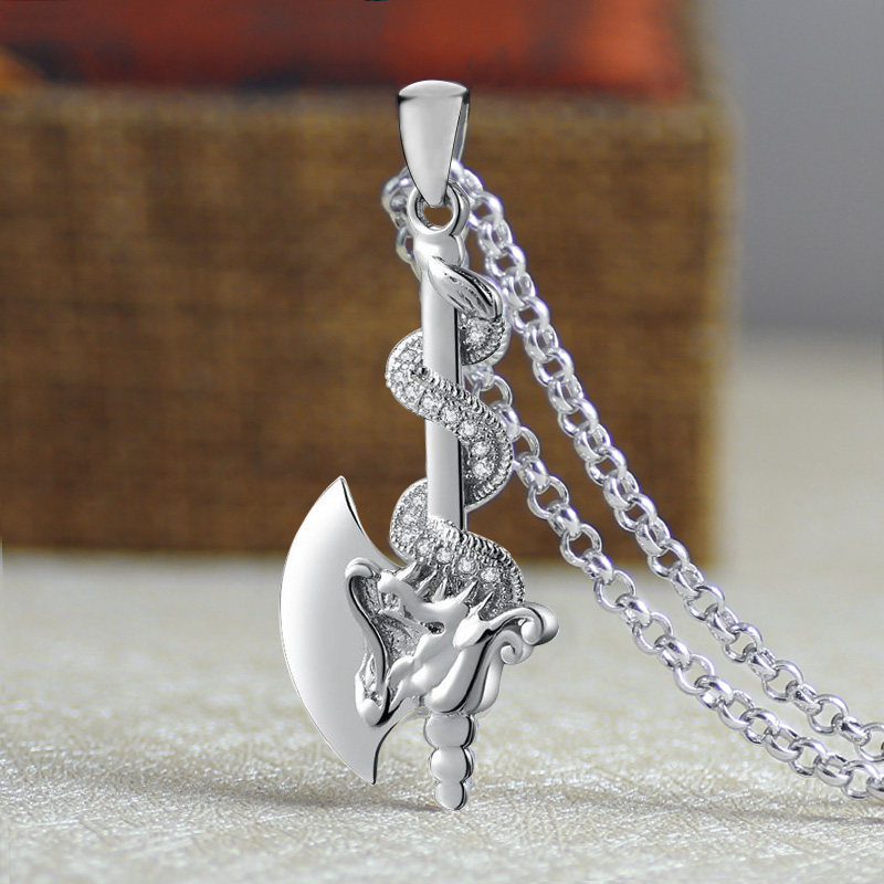 s925纯银斧头吊坠男士霸气龙头斧项链盘龙斧银首饰民族风情侣福斧