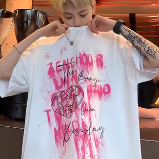 oversize美式高街短袖男夏季潮牌痞帅宽松五分袖欧美圆领涂鸦t恤
