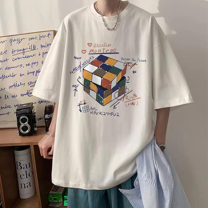 美式休闲魔方夏季青少年短袖T恤男美式潮牌上衣薄款冰丝半袖T恤衫