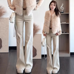 加绒加厚浅卡其牛仔微喇裤女2025年秋冬季新款不贴腿直筒喇叭裤子