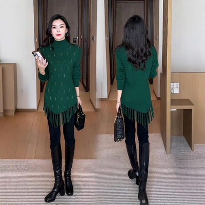 时尚半高领毛衣女冬季新款显瘦流苏打底衫中长款加厚保暖针织上衣