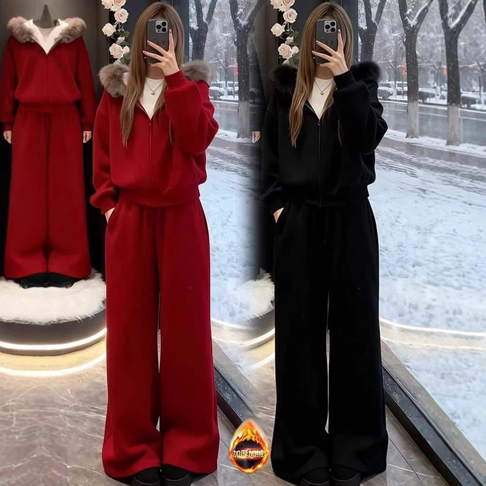 加绒加厚休闲运动套装女2025冬季新款毛领连帽卫衣阔腿裤两件套潮