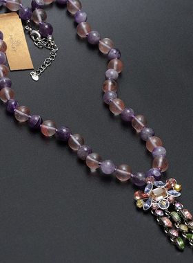 欧美莫奈紫晶石西瓜红串珠项链