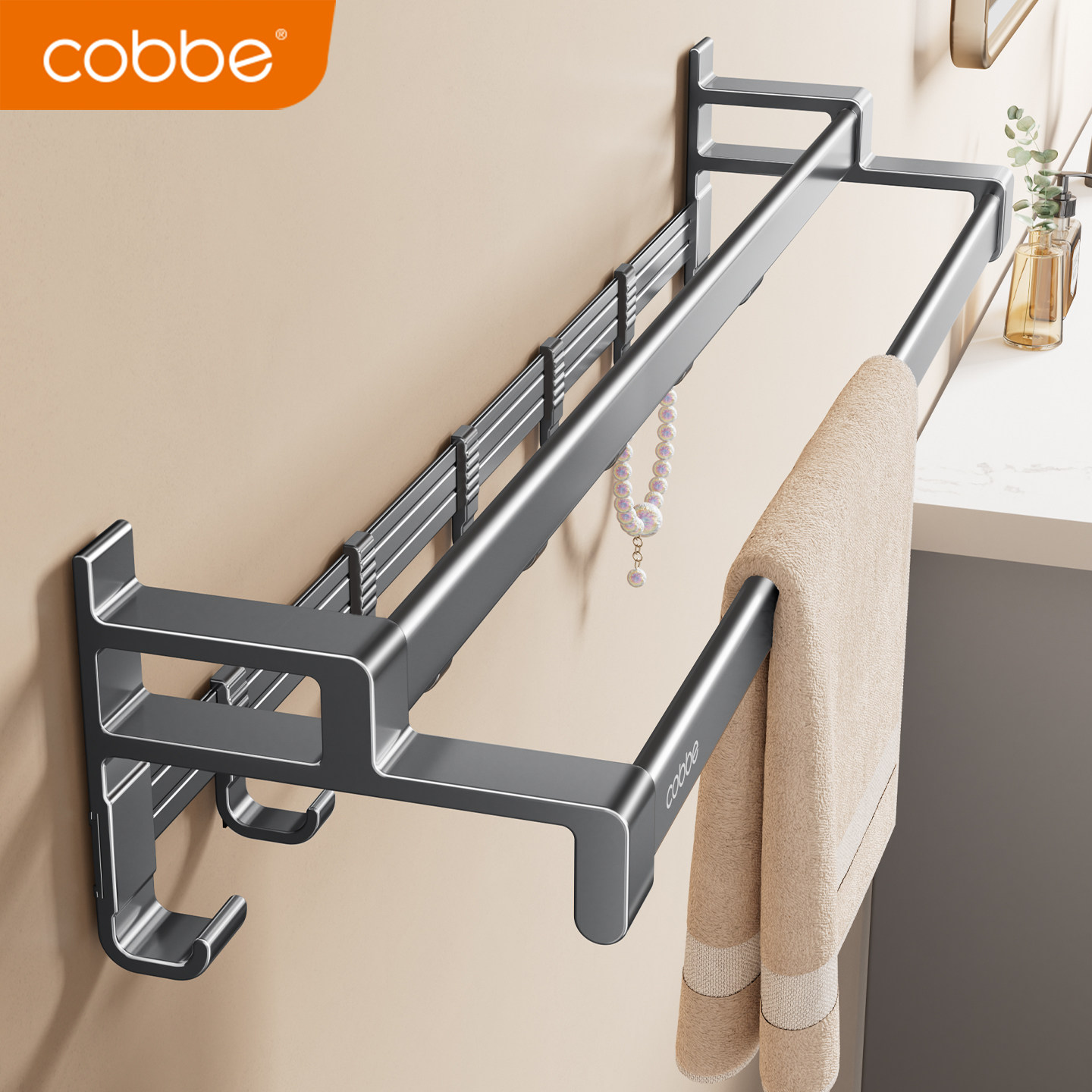 卡贝太空铝毛巾架双杆枪灰带钩浴室毛巾杆阳极氧化卫生间置物架子