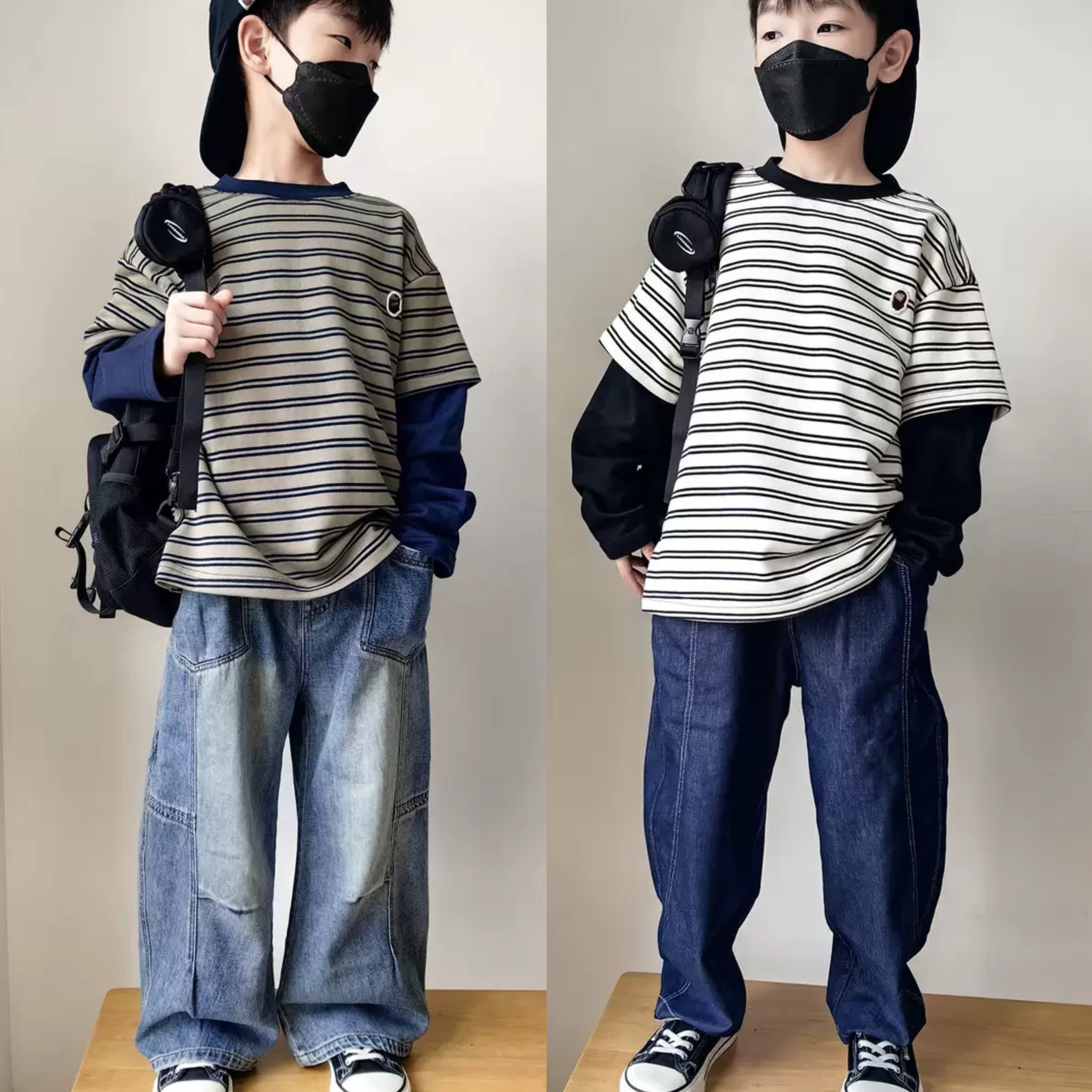 25秋冬新款男女童条纹假两件长袖T恤打底衫 柔软牛仔裤阔腿裤