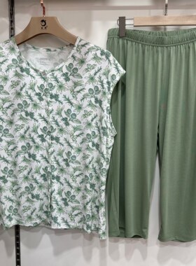中老年妈妈款夏季印花开衫莫代尔睡衣套装无袖背心七分裤家居服