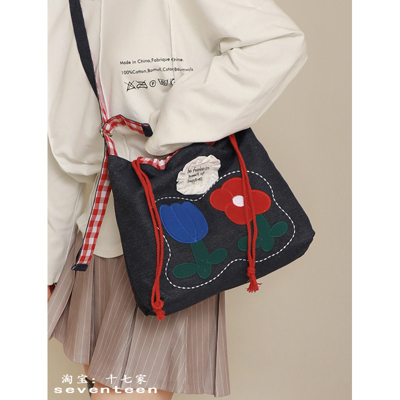十七家韩系刺绣花朵牛仔斜挎帆布包女休闲学院风大容量单肩托特包,箱包皮具/热销女包/男包,托特包,淘宝优惠券,粉丝福利购,淘宝优惠卷