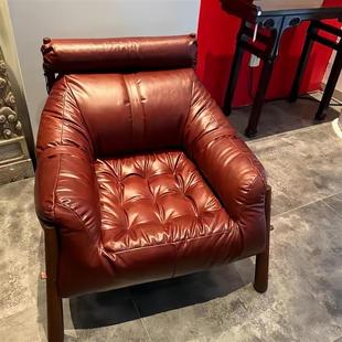 佛山亚特兰北欧单人头层牛皮茶室主人椅中古客厅实木沙发休闲椅