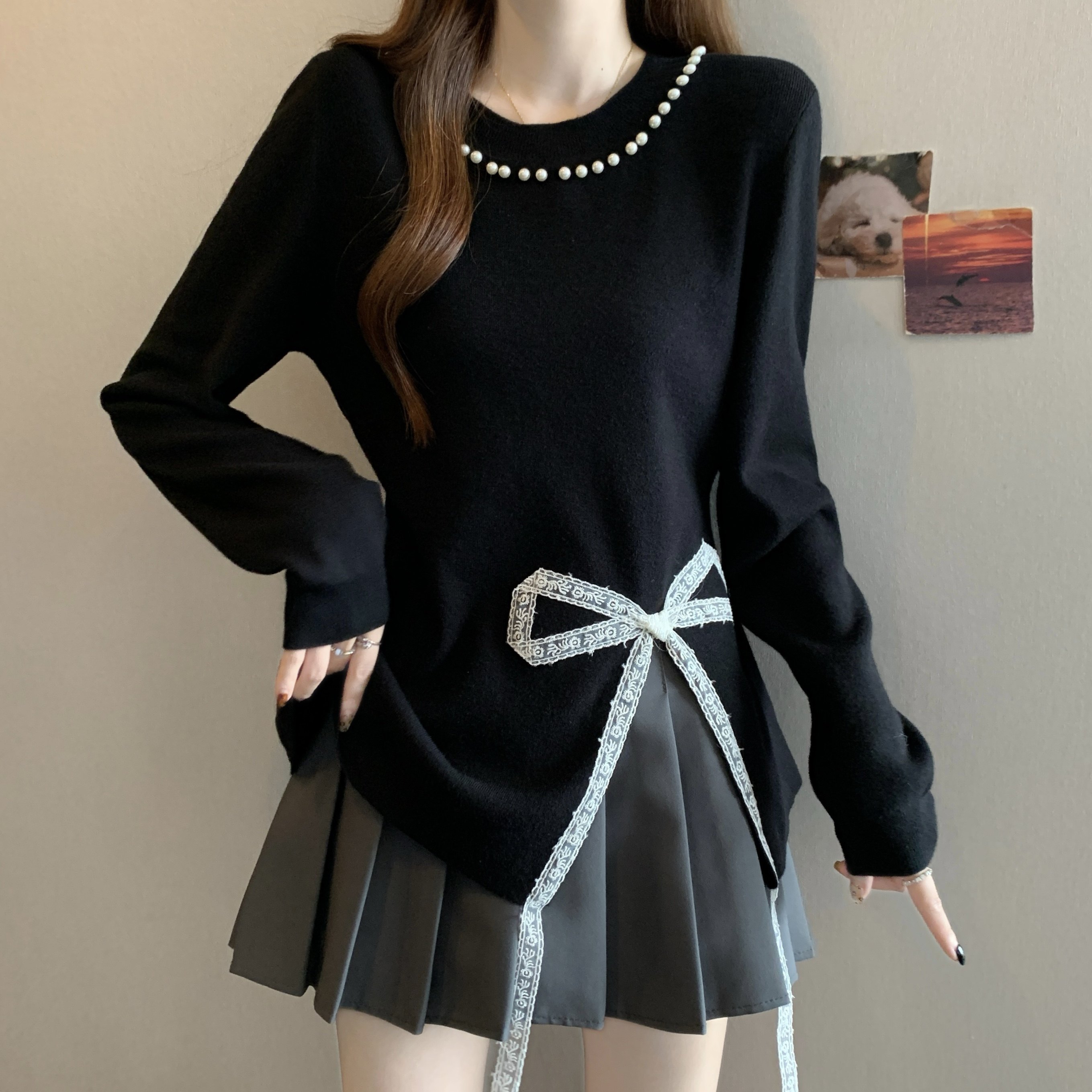 大码女装钉珠针织衫秋季新款胖mm长袖上衣打底内搭蕾丝拼接毛衣潮,女装/女士精品,大码内搭,淘宝优惠券,粉丝福利购,淘宝优惠卷