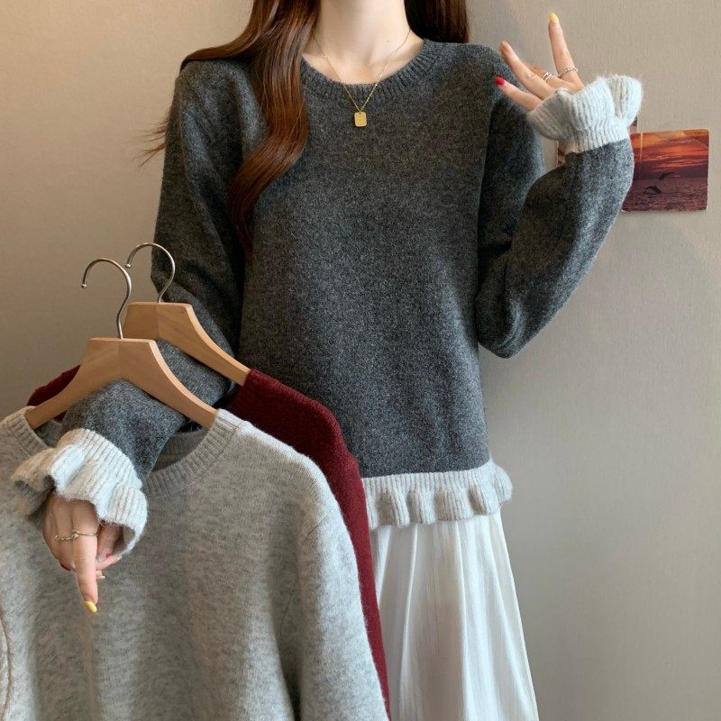 大码女装2025秋季新款胖MM圆领正肩长袖撞色木耳边下摆套头毛衣潮,女装/女士精品,大码内搭,淘宝优惠券,粉丝福利购,淘宝优惠卷