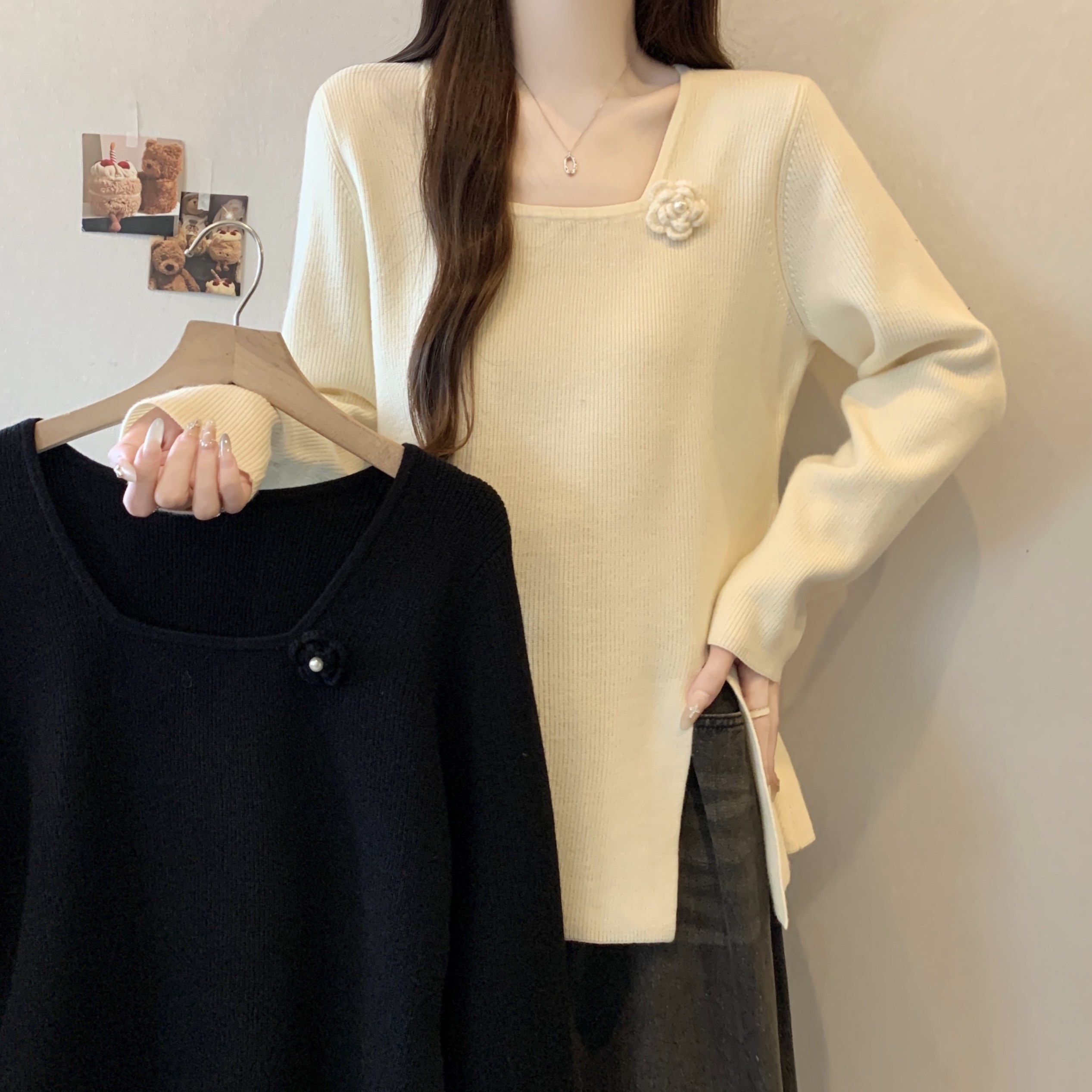 大码女装设计感立体花朵方领侧边开叉针织衫秋冬新款时尚百搭上衣,女装/女士精品,大码内搭,淘宝优惠券,粉丝福利购,淘宝优惠卷