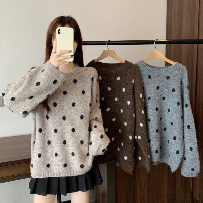 大码女装2025秋冬新款胖MM圆领波点提花套头长袖上衣落肩袖毛衣潮,女装/女士精品,大码内搭,淘宝优惠券,粉丝福利购,淘宝优惠卷