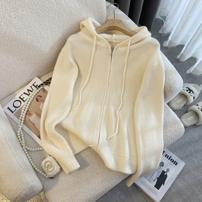 2025秋冬新款宽松百搭连帽双拉头毛衣外套女修身长袖针织开衫上衣