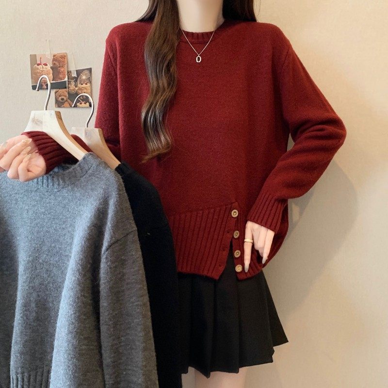 大码女装2025秋冬新款胖MM圆领设计感一排扣开衩下摆长袖正肩毛衣,女装/女士精品,大码内搭,淘宝优惠券,粉丝福利购,淘宝优惠卷