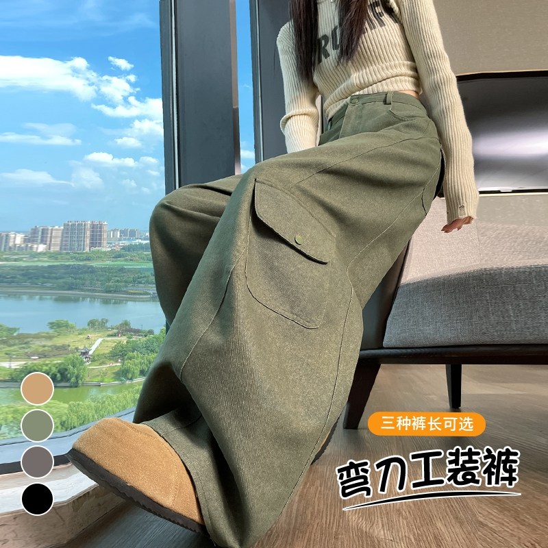 2025秋冬新款时尚百搭加绒休闲裤运动裤女弯刀裤工装裤高腰阔腿裤