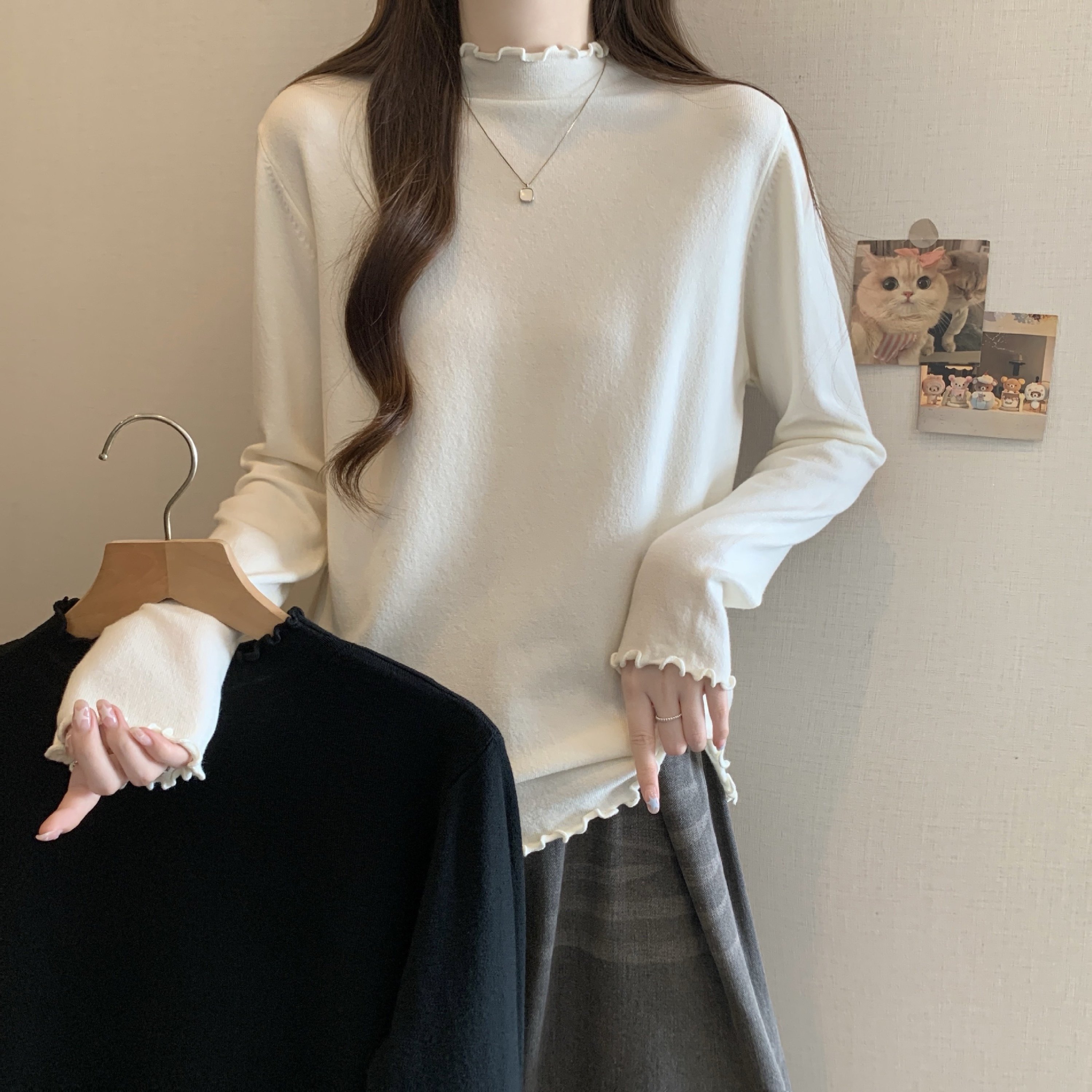 大码女装秋冬新款木耳边半高领内搭毛衣胖mm长袖修身打底衫上衣潮,女装/女士精品,大码内搭,淘宝优惠券,粉丝福利购,淘宝优惠卷