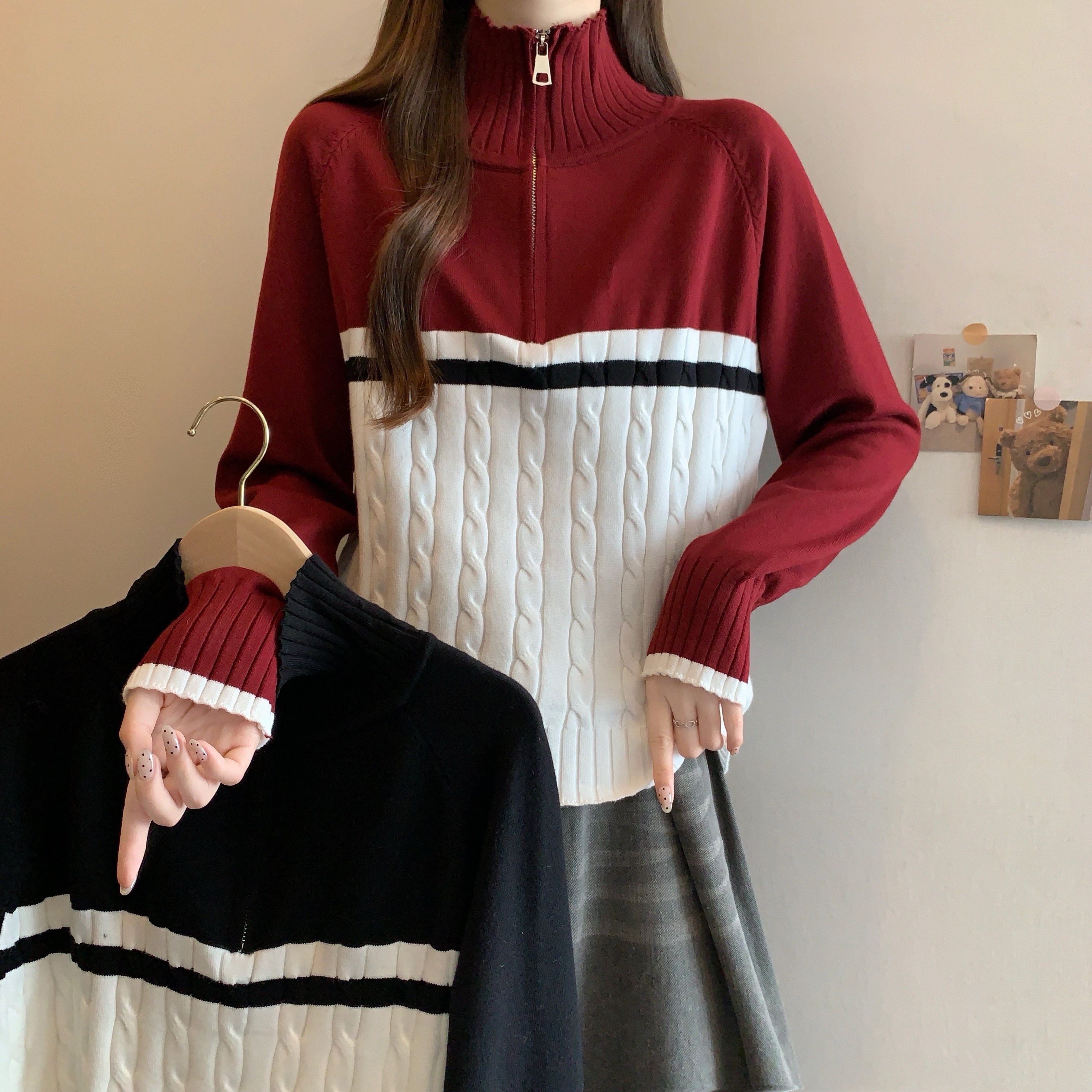 大码女装秋冬新款半拉链长袖拼接针织衫胖MM宽松撞色加厚毛衣外套,女装/女士精品,大码内搭,淘宝优惠券,粉丝福利购,淘宝优惠卷